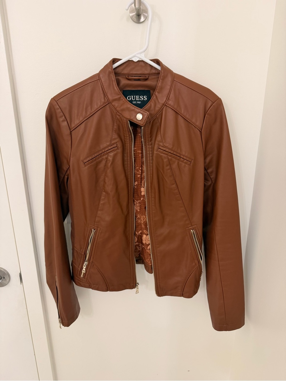 GUESS Women's Cognac Brown Faux Leather Zip Moto Jacket